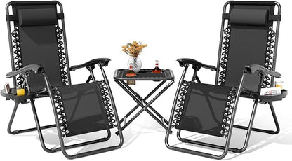 Magshion Folding Zero Gravity Chairs Set of 2, Outdoor Reclining Camping Chairs, Patio Lounge Recliners with Side Table & Cup Holder Tray, Black