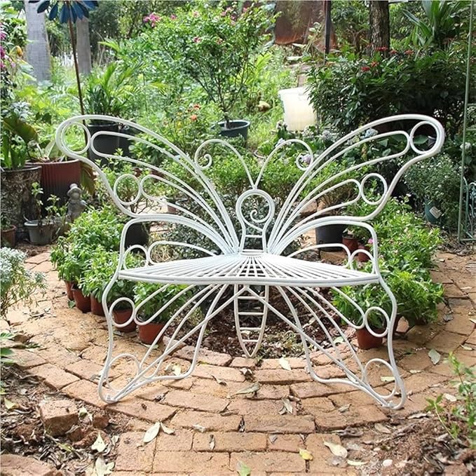 Outdoor Butterfly Wrought Iron Chair, Outdoor Benches Weatherproof, Decorative Metal Garden Bench for Patio, Balcony, Porch or Yard(White)