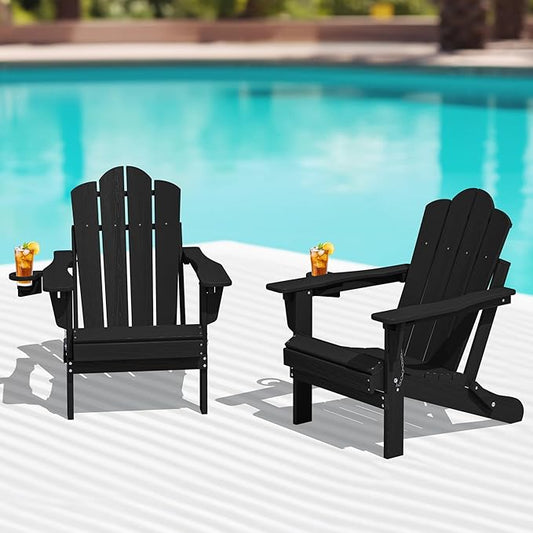 KINGYES Folding Adjustable Adirondack Chairs Set of 2, HDPE All Weather Use Reclining Adirondack Chair, Outdoor Adirondack Chair - Black