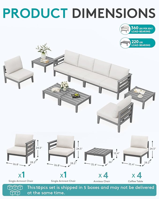 SERWALL HDPE Patio Furniture Set, 10 Pieces Outdoor Sectional Sofa Set, All-Weather Wood-Like Outdoor Sofa Couch with Coffee Table for Deck, Lawn, Grey Frame with Khaki Cushion