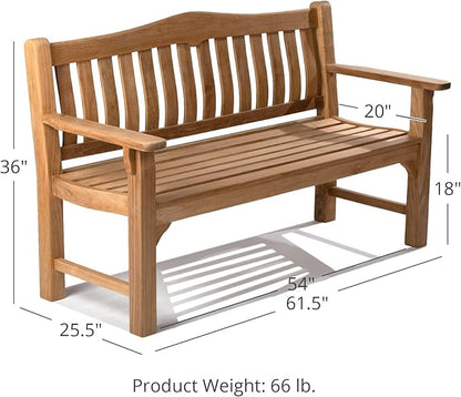 Ash & Ember Hawthorne Grade A Teak 61" Bench, Seats 2-3 People Comfortably, Weather Resistant Indoor Outdoor Solid Wood Patio Furniture with Tightly Spaced Slats, Bowed Back, Armrests