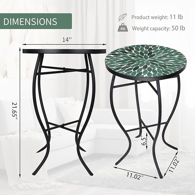 VCUTEKA Mosaic Outdoor Side Table - Small Patio Table Coffee Outside Accent Tables Round End Plant Tables for Bistro Balcony Porch Outdoor Benches 14'' Green