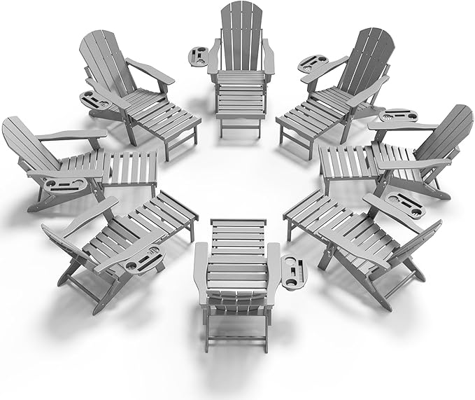 Adjustable Adirondack Chair with Retractable Ottoman Set of 8, HDPE Folding Adirondack Chair with Cup Holder, All Weather Fire Pit Chair for Outdoor.