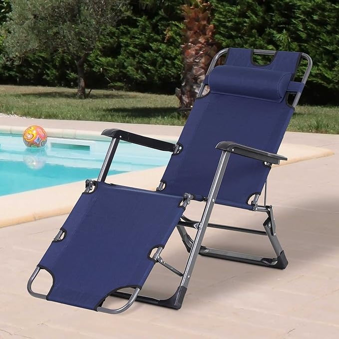 Outsunny Folding Chaise Lounge Chair for Outside, 2-in-1 Tanning Chair with Pillow & Pocket, Adjustable Pool Chair for Beach, Patio, Lawn, Deck, Navy