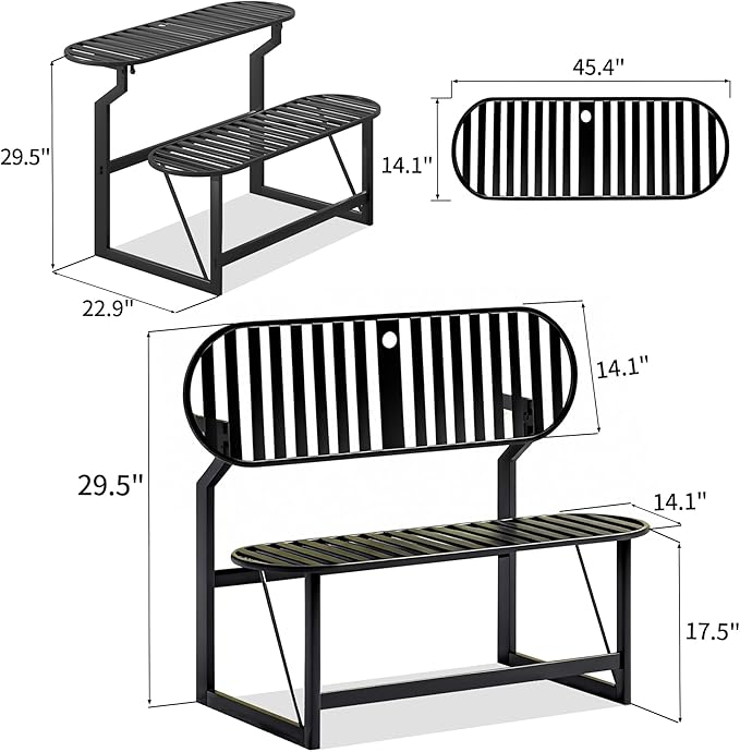 Convertible Bench, 2 in 1 Carbon Steel Picnic Table, Transforming Interchangeable Outdoor Table with Umbrella Hole - Photo 2