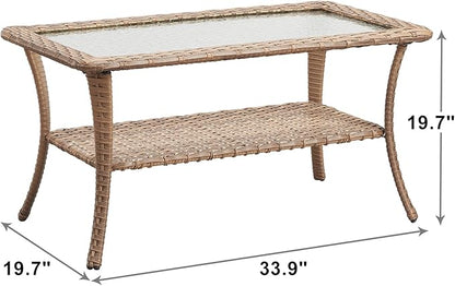 Rilyson Patio Tables Outdoor Coffee Table - Wicker Rattan Coffee Tables with 2-Tier Storage Shelf Glass Top for Outside Proch Deck Balcony Garden Rectangle Yellow