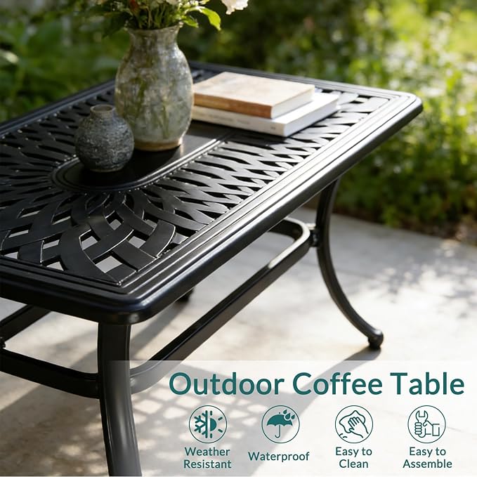 MEETWARM Outdoor Coffee Table, All-Weather Cast Aluminum 42" Rectangle Patio Coffee Table, 220 LBS Heavy Duty Patio Side Table for Balcony Poolside Deck Garden & Indoor Use, Dark Bronze
