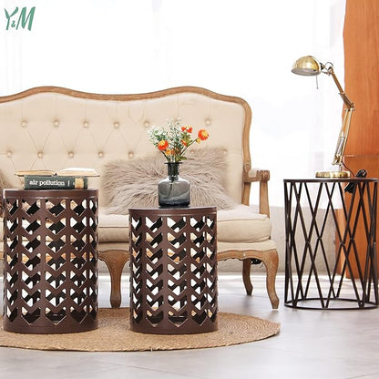Y&M Nesting Side Table, Set of 3 Stacking Coffee Table for Living Room, Indoor End Tables, Outdoor Garden Stool with Heavy Duty Modern Industrial Decor - Pure Brown (Ship from US)