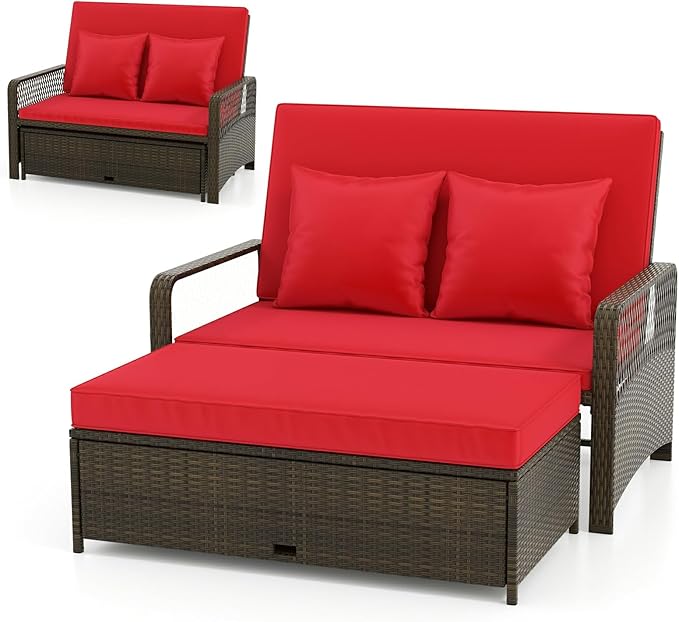 LDAILY Moccha Outdoor Daybed, PE Rattan Double Chaise Lounge w/ 4-Level Adjustable Back, Storage Ottoman, Cushions & Pillows, Separated Seating, Wicker Sunbed for Garden Patio Furniture Set (Red)