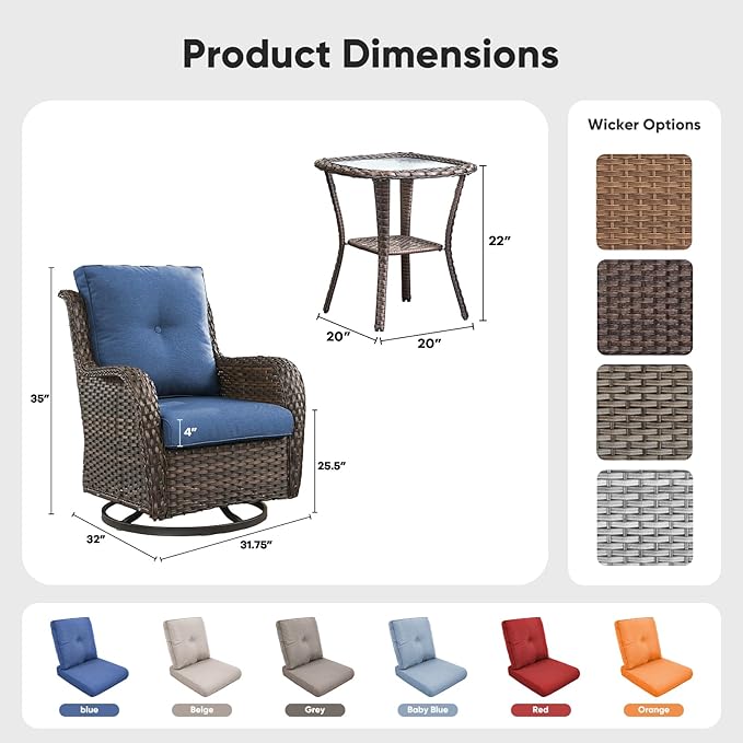 Belord Patio Wicker Chairs Swivel Rocker, Outdoor Patio Furniture Set with Rattan Side Table - Photo 2