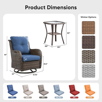 Belord Patio Wicker Chairs Swivel Rocker,Outdoor Patio Furniture Set with Rattan Side Table, All Weather Conversation Set for Porch Poolside Balcony, Brown Wicker/Blue