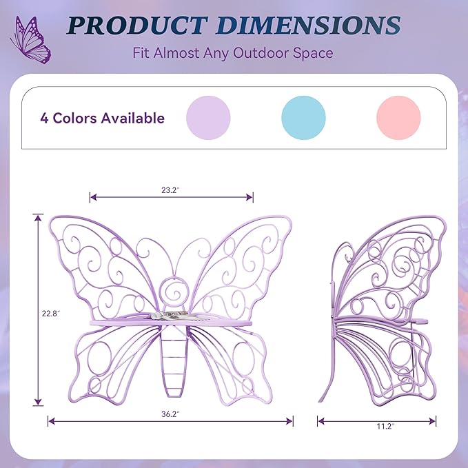 36 Inch Outdoor Bench, Cute Garden Bench with Metal Frame, Weatherproof Butterfly Front Porch Benches for Lawn, Garden, Yard, Balcony, Purple