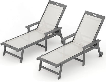 LUE BONA Chaise Lounge Chair Outdoor Set of 2, HDPS and HDPE Wicker Chaise Lounger with 5 Positions, Pool Lounge Chairs with Wheels and Adjustable Backrest for Patio, Poolside, Deck, Backyard