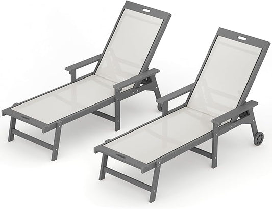 LUE BONA Chaise Lounge Chair Outdoor Set of 2, HDPS and HDPE Wicker Chaise Lounger with 5 Positions, Pool Lounge Chairs with Wheels and Adjustable Backrest for Patio, Poolside, Deck, Backyard
