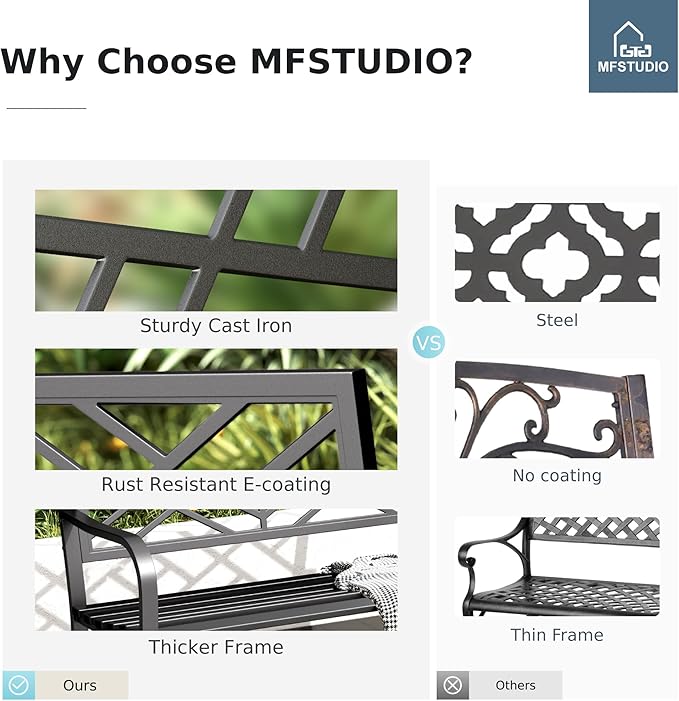 MFSTUDIO 43.7 Inches Outdoor Garden Bench, Cast Iron Metal Frame Patio Park Outside Benches with Geometric Pattern Backrest for Front Porch, Black