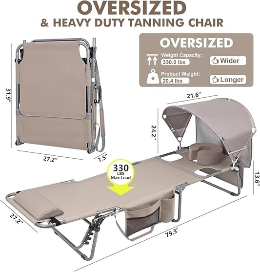 Oversized Extra Wide Tanning Chair with Sun Canopy Face Hole Padded Adjustable Washable, Heavy Duty Layout Folding Lounge Chair for Outside Beach Reading Sunbathing, UPF 50+, XL, Plus Size, 330 LBS