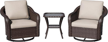 3 Piece Patio Wicker Bistro Set, 2 All-Weather Use Outdoor Wicker Swivel Chairs with PE Rattan Side Table,Ideal for Porch, Backyard, Balcony, Poolside, Beige