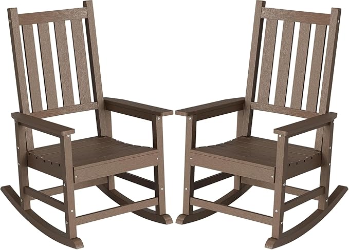 HDPE Outdoor Rocking Chair Set of 2, Oversized Rocking Chairs with Widened Seats & High Backs (2, Brown)