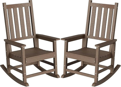 HDPE Outdoor Rocking Chair Set of 2, Oversized Rocking Chairs with Widened Seats & High Backs (2, Brown)