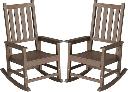 HDPE Outdoor Rocking Chair Set of 2, Oversized Rocking Chairs with Widened Seats & High Backs (2, Brown)