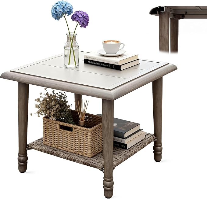 Wicker Outdoor Side Table with Storage, Small Square Patio Side Table for Porch Balcony Deck Garden Poolside(1PC)
