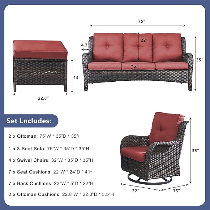 Rilyson Patio Furniture Swivel Chairs Set - 7 Piece Wicker Rattan Outdoor Sectional Conversation Sets with 4 Swivel - Photo 2