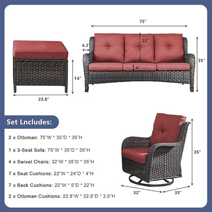 Rilyson Patio Furniture Swivel Chairs Set - 7 Piece Wicker Rattan Outdoor Sectional Conversation Sets with 4 Swivel Rocking Chairs,2 Ottomans and 1 Sofa for Porch Deck Garden(Brown/Red)