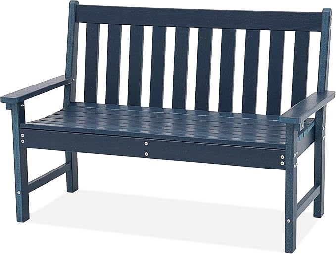 COBANA Outdoor Garden Bench, All Weather HDPE Patio Porch Bench with Faux Wood Grain Pattern, 2-Person Seat for Lawn, Park, Backyard, Entryway, Navy Blue