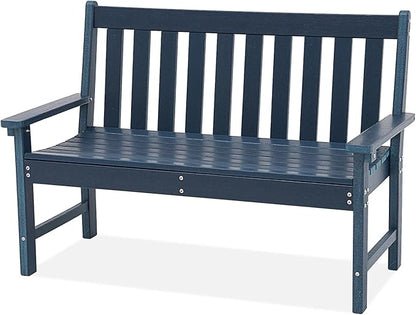 COBANA Outdoor Garden Bench, All Weather HDPE Patio Porch Bench with Faux Wood Grain Pattern, 2-Person Seat for Lawn, Park, Backyard, Entryway, Navy Blue
