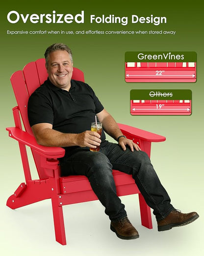 GREENVINES Oversized-Folding-Adirondack-Chairs-Set-of-4 | HDPE Plastic | Cup Holder | Fire Pit Chair | All Weather | for Outdoor Deck Backyard | Red