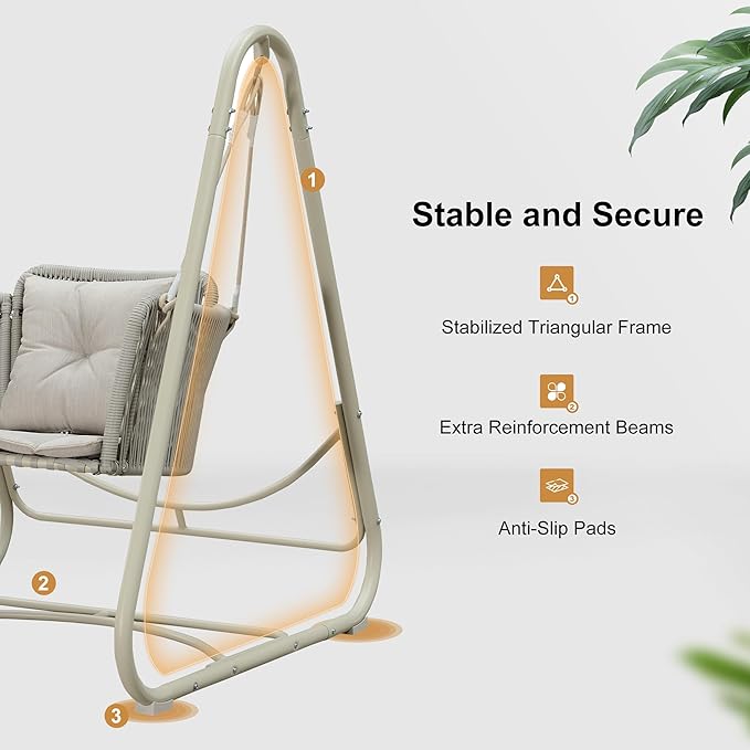 PURPLE LEAF Cloud Swing Chair with Stand and 12 White LED Lights Patio Wicker Hanging Swinging for Indoor Backyard Garden Outdoor Hammock Porch Swing, Cushion and Pillows Included, Cream