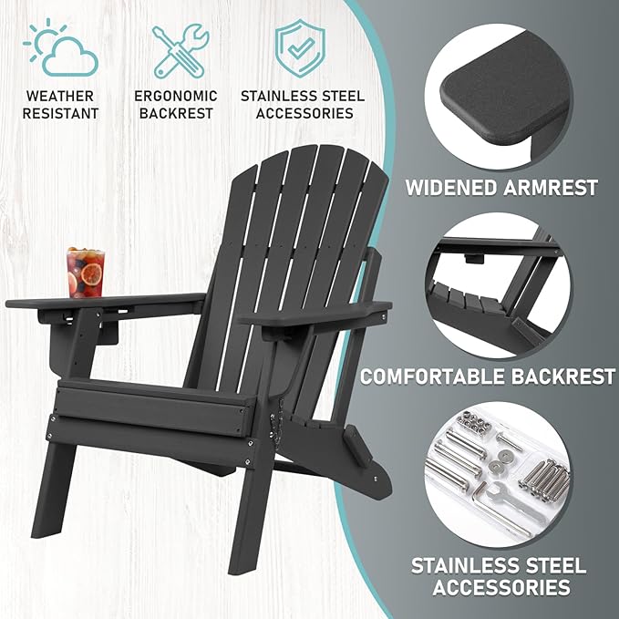 FUNBERRY Folding Adirondack Chairs Set of 4 with Adjustable Backrest, HDPE All Weather Fire Pit Chairs with Cup Holder