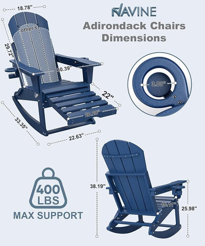 Adirondack Rocking Chairs Set of 2 with Retractable Ottoman, All Weather Folding Adirondack Chair with Two Cup Holders, Adirondack Outdoor Rocking Chairs for Porch, Patio, Balcony. Navy Blue