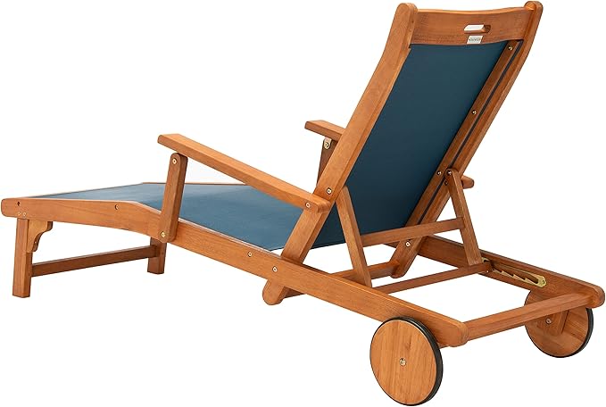 SAFAVIEH Outdoor Collection Kamson Natural Brown Solid Wood/Navy Fabric Adjustable Chaise Lounge Chair (PAT7071B) - Photo 7
