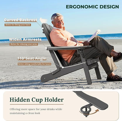 BRIOPAWS Folding-Adirondack-Chairs Set of 2 | HDPE Plastic | Fire Pit Chair | Cup Holder | Curved Back | All Weather| for Outdoor Backyard Deck Patio | Grey
