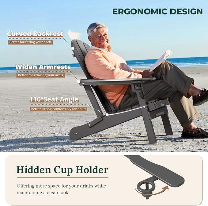 BRIOPAWS Folding-Adirondack-Chairs Set of 6 | HDPE Plastic | Fire Pit Chair | Cup Holder | Curved Back | All Weather | for Outdoor Backyard Deck Patio | Grey