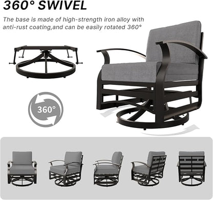 Gotland 4 Piece Patio Set, Metal Outdoor Swivel Chairs Set of 2 with 2 Ottoman 5.1’’ High-Resilience Seat Cushions Removable Cushions, Aluminum Patio Furniture Set for Lawn, Porch, Balcony, Grey