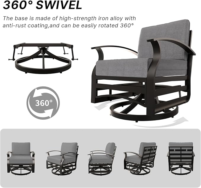 Gotland Outdoor Aluminum Patio Furniture Set with Fire Pit Table, 7 Pieces Metal Patio Furniture with 2 Swivel Rocking Chairs 11 Seats Waterproof 5.1'' Seat Cushions, for Garden Balcony Porch Gray