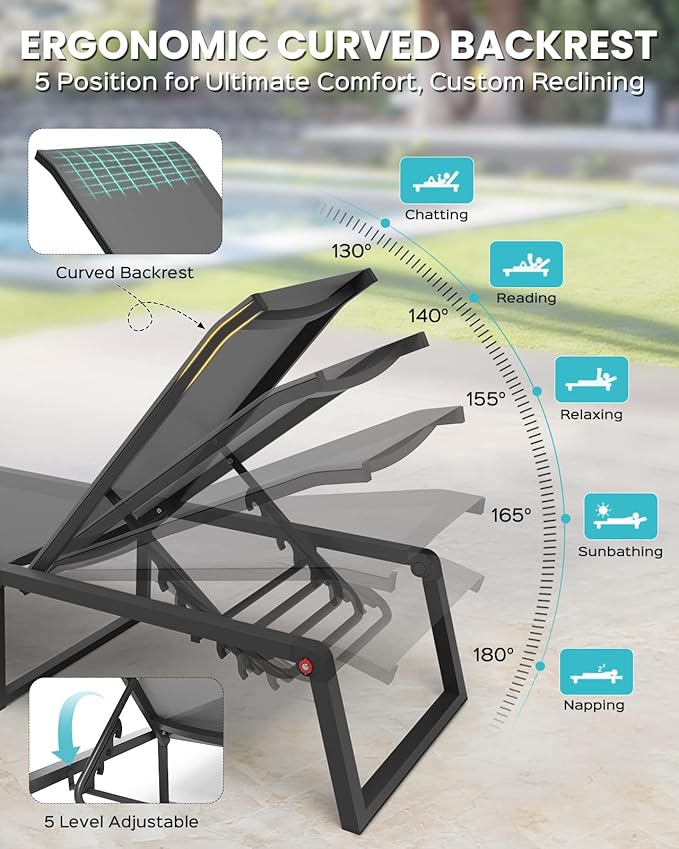 Aluminum Chaise Lounge Chair Outdoor, Foldable & No Assembly Pool Lounge Chairs 5-Position Recliner for Outside Poolside - Photo 4