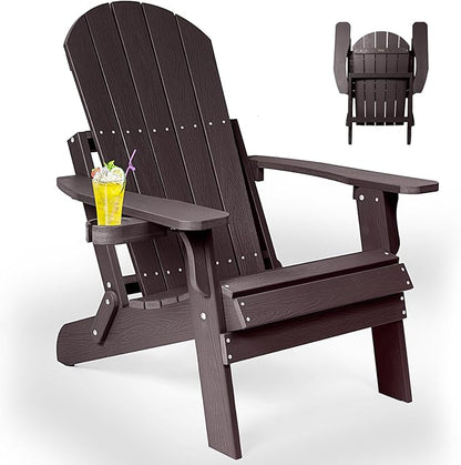Folding Adirondack Chair, All Weather Resistant Plastic Chair with Cup Holder, Fold or Unfold Easily in 1 Second, Outdoor Chairs for Patio, Garden, Backyard Deck, Lawn Fire Pit(Brown)