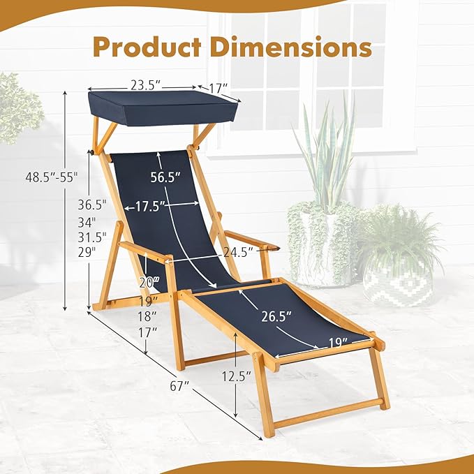 Giantex Lounge Chair Outdoor, Foldable Beach Chaise Lounge with Adjustable Canopy, Replacement Fabric, Wood Frame, Reclining Backrest & Footrest, Camping Chair for Patio, Poolside, Beach (1, Navy)