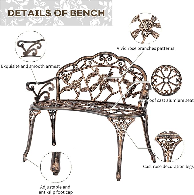 Outdoor Bench, Patio Outdoor Garden Bench Cast Aluminum Metal Loveseat Chairs for Park, Yard, Porch, Lawn, Balcony, Backyard, Antique Floral Rose Accent Seat Furniture (Bronze)