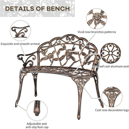 Outdoor Bench, Patio Outdoor Garden Bench Cast Aluminum Metal Loveseat Chairs for Park, Yard, Porch, Lawn, Balcony, Backyard, Antique Floral Rose Accent Seat Furniture (Bronze)