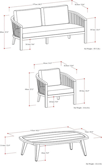 SIMPLIHOME Parkside SOLID ACACIA WOOD 70 inch Wide Rectangle Contemporary 4 Piece Outdoor Conversation Set in Natural for the Living Room