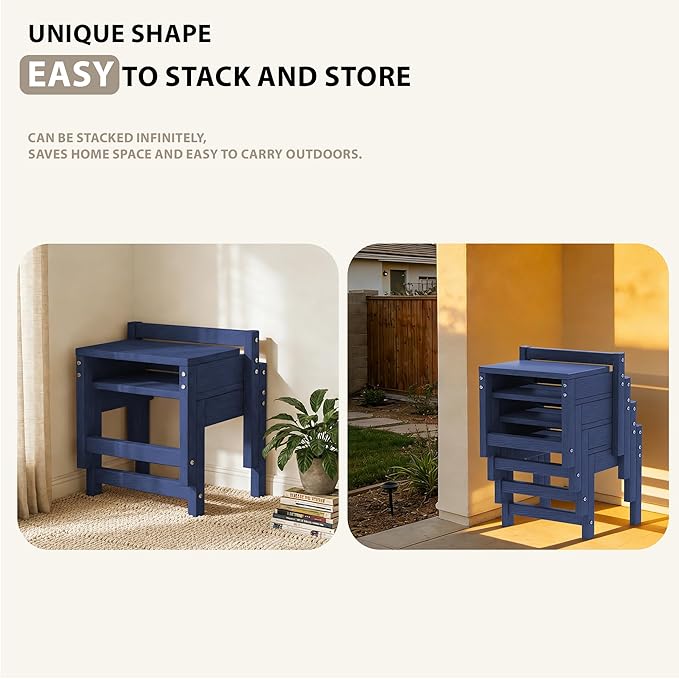Stackable HDPE Foot Stool - All-Weather Indoor/Outdoor Seating for Patio, Living Room & Bathroom, Waterproof Windproof Heavy-Duty High-Density PE Step Stool, 2 Sets, Navy