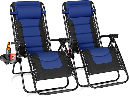 PHI VILLA Oversized Padded Zero Gravity Chair Set of 2, Foldable Patio Recliner, 26" Wide Seat Anti Gravity Lounger with Armrest and Cup Holder, Support 350 LBS (Navy Blue)