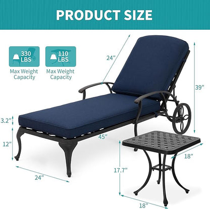 HOMEFUN Chaise Lounge Chair Outdoor - Poolside Chairs Set of 2 with Cushion and 1 Patio Side Table Cast Aluminum Waterproof Lounger with Wheels and Adjustable Reclining (Navy Blue Cushion)