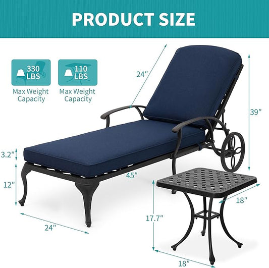 HOMEFUN Chaise Lounge Chair Outdoor - Poolside Chairs Set of 2 with Cushion and 1 Patio Side Table Cast Aluminum Waterproof Lounger with Wheels and Adjustable Reclining (Navy Blue Cushion)