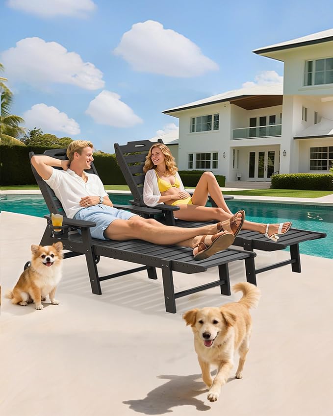 Carauci Lounge Chair Outdoor Set of 2, HDPE Chaise Lounge with Wheels - Photo 8