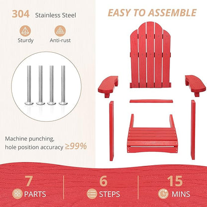LUE BONA Kids Adirondack Chair Set of 2, Red Poly Lumber Plastic Weather Resistant Toddler Outdoor Patio Lounge Chair for Balcony, Backyard